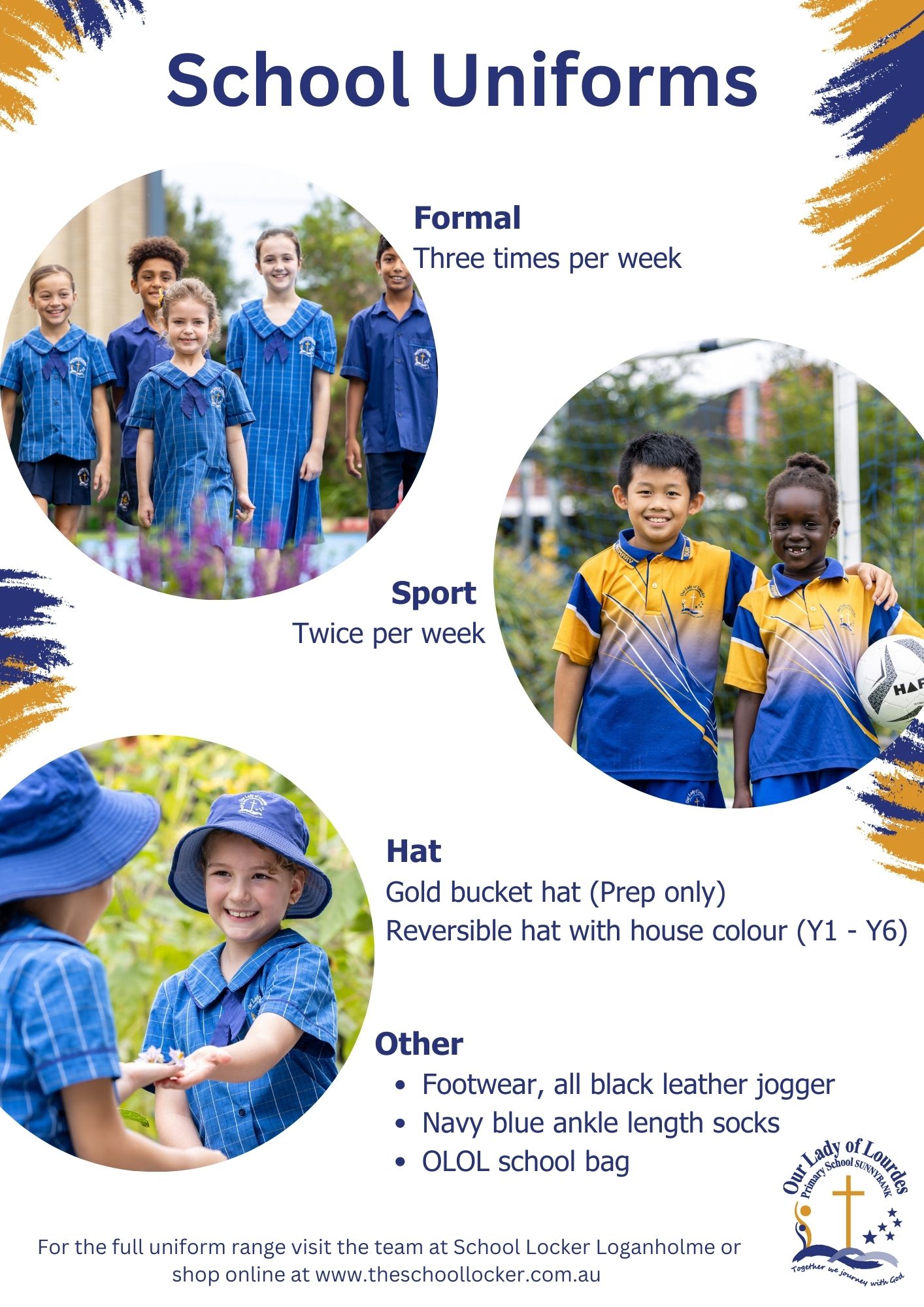 infographic outlining school uniform requirements including formal, sport and hat options, with guidance on frequency and key items for students Provide your feedback on BizChat